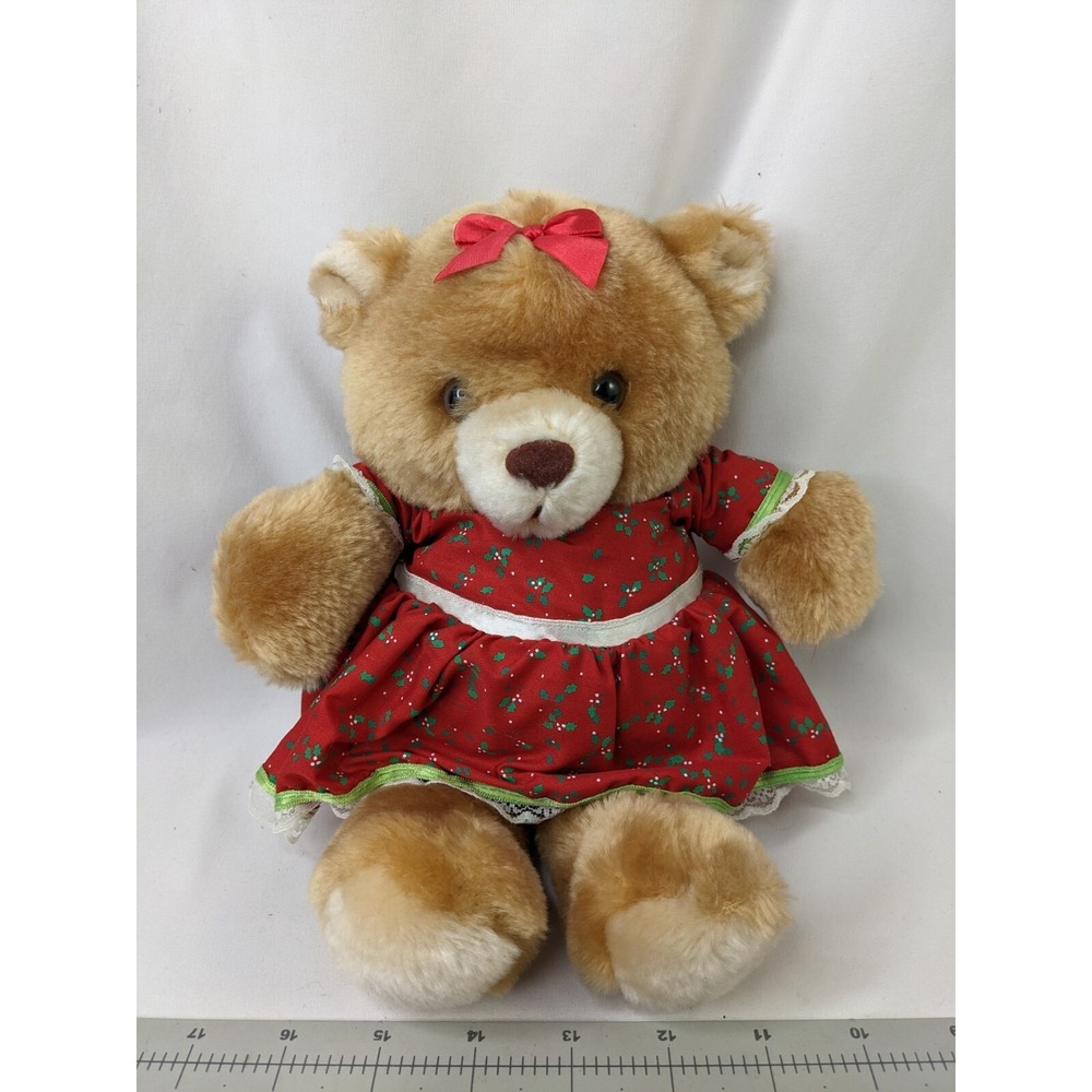 Russ Holly Brown Bear Plush Christmas Dress 10 Inch Stuffed Animal Toy